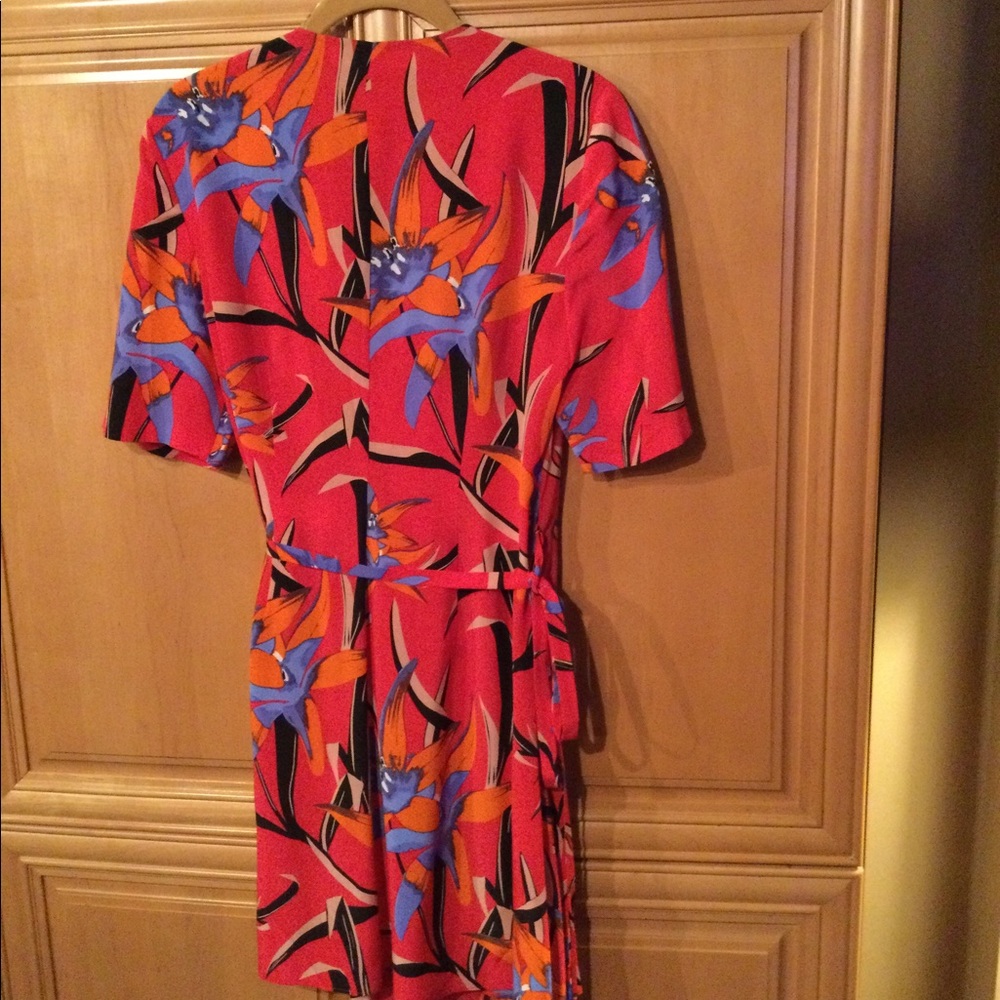 Diane Von Furstenberg Red Floral Wrap Dress with Blue and Orange Accents